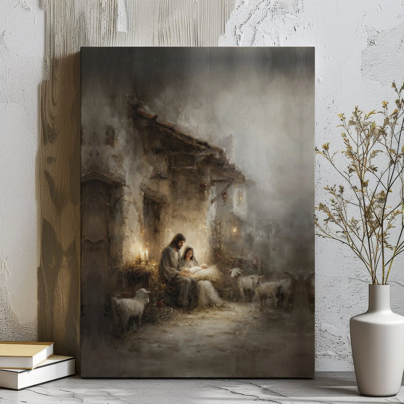 Holy Family Manger Canvas Wall Art, Nativity Scene Canvas Print, Christian Religious Canvas Decor, Christmas Nativity Art, Faith Home Present