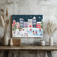 Winter Night Canvas Print, Christmas Village Canvas Wall Art, Ice Skating Town Wall Canvas, Whimsical Holiday Decor, Comfy Winter Season Present