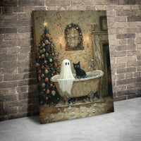 Whimsical Holiday Bath Canvas Print, Ghost and Black Cat Christmas Canvas Wall Art, Spooky Season Cat Canvas, Holiday Wall Decor, Cat Present
