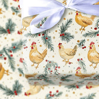 Farmhouse Rooster Holiday Gift Wrap, Christmas Chicken Wrapping Paper, Rustic Country Pine Present Wrap, Hen Barnyard Holiday Present Paper