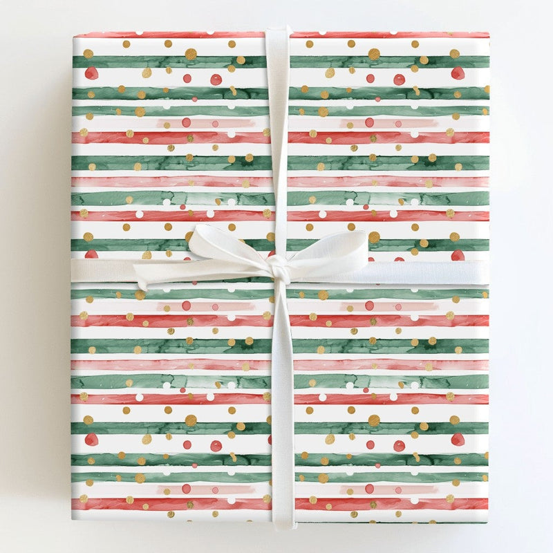 Red and Green Christmas Gift Wrap, Watercolor Stripe Wrapping Paper, Gold Foil Dot Holiday Present Paper, Festive Stripe Wrapping Paper Roll