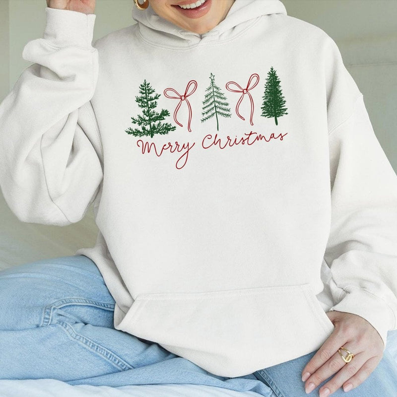 Festive Pine Tree Sweatshirt, Minimalist Pine Tree and Bow Merry Christmas Hoodie, Comfy Christmas Hoodie, Winter Holiday Hooded Pullover
