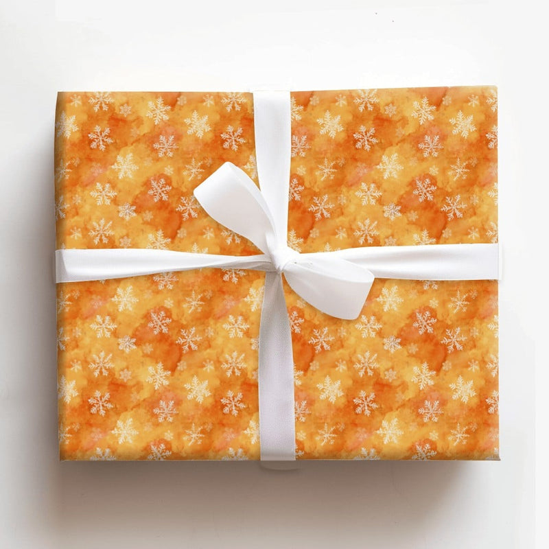 Watercolor Winter Gift Wrap, Orange Snowflake Wrapping Paper, Golden Yellow Holiday Wrapping Paper, Warm Festive Christmas Wrapping Paper