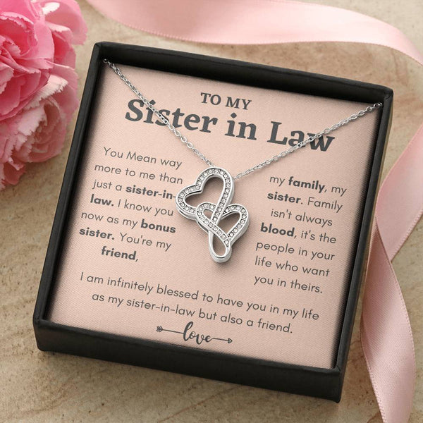 Interlocking Hearts Pendant, Sister in Law Double Heart Necklace, 14K White Gold Over Stainless Steel Birthday Christmas Jewe
