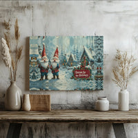 Snowy Christmas Village Canvas, Gnome for the Holidays Canvas Print, Winter Landscape Canvas Wall Art, Holiday Gnome Painting, Xmas Decor