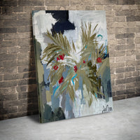 Red Berries Holiday Wreath Wall Art, Winter Botanical Vertical Canvas, Abstract Festive Canvas Print, Christmas Season Canvas Art Decor
