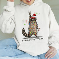 Tangled Christmas Lights Hoodie, Feral and Festive Raccoon Hoodie, Humorous Holiday Animal Pullover Hoodie, Retro Xmas Sweatshirt, Raccoon Present