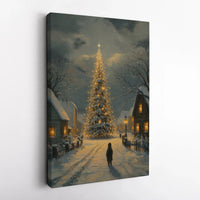Snowy Winter Night Canvas Print, Christmas Tree Village Canvas Wall Art, Vintage Holiday Oil Painting Wall Decor, Nostalgic Xmas Canvas