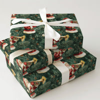 Musical Christmas Gift Wrap, Vintage Santa Trumpet Wrapping Paper, Pine Branch Holiday Present Paper, Dark Green Xmas Gift Wrap