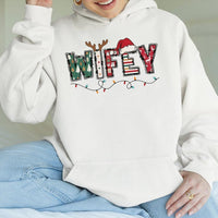 Festive Holiday Lights Graphic Hoodie, Wifey Christmas Hoodie, Newlywed Wife Xmas Hooded Sweatshirt, Comfy Winter Pullover Hoodie for Her