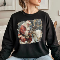 Vintage Christmas Crewneck, Santa and Reindeer Sweatshirt, Artistic Holiday Reindeer Sweater, Retro Xmas Sweatshirt, Winter Holiday Present