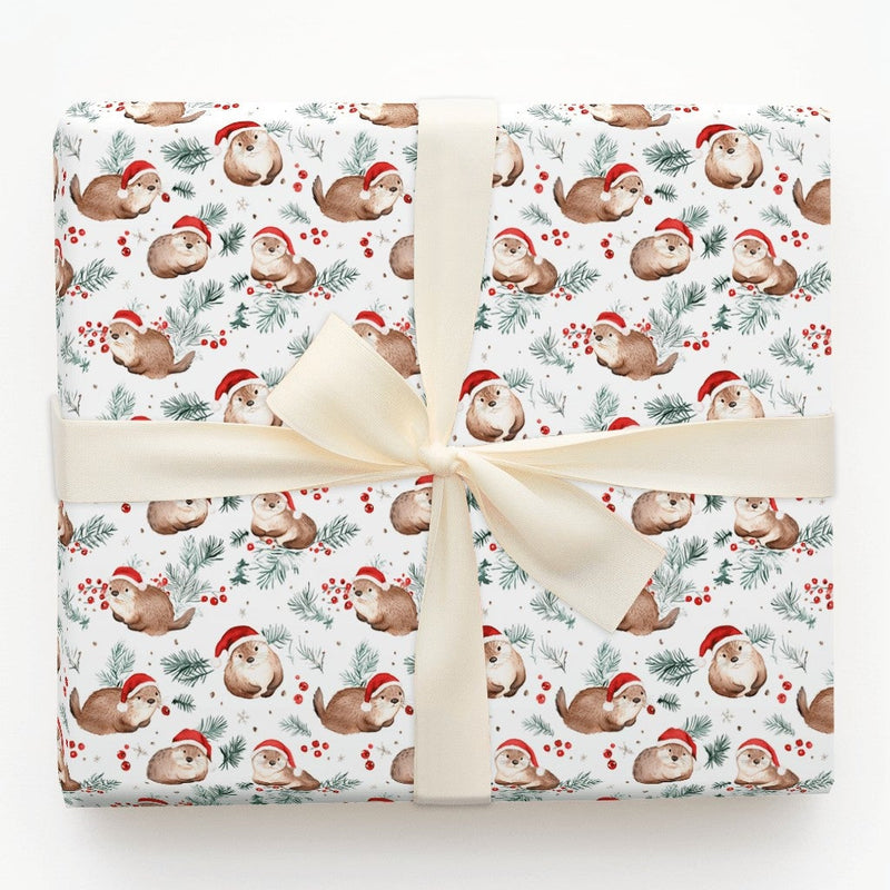 Santa Hat Otter Holiday Gift Wrap, Christmas Otter Wrapping Paper, Adorable Watercolor Otter Present Wrap, Winter Pine Animal Wrapping Paper