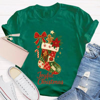 Retro Festive Pattern Tee, Christmas Bows and Holiday Socks Shirt, Adorable Christmas Graphic T-Shirt, Comfy Winter Holiday Present