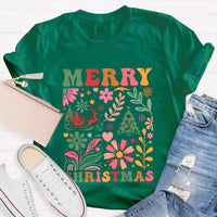 Colorful Flowers Holiday Trees Tee, Christmas Floral Tree Shirt, Botanical Xmas Graphic T-Shirt, Festive Winter Holiday Apparel