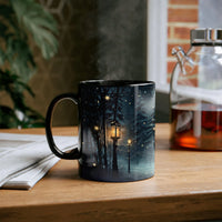 Glowing Lanterns Snowy Pine Trees Coffee Mug, Enchanted Winter Forest Ceramic Mug, Comfy Landscape Tea Cup, Christmas Holiday Present Mug