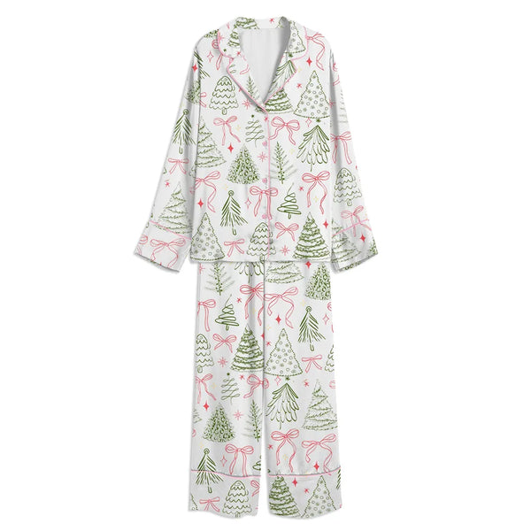 Vintage Coquette Bow Holiday Satin Pajama Set, Christmas Tree Pajama Set, Long Sleeve Winter Button Up Pajama Set, Xmas Sleep