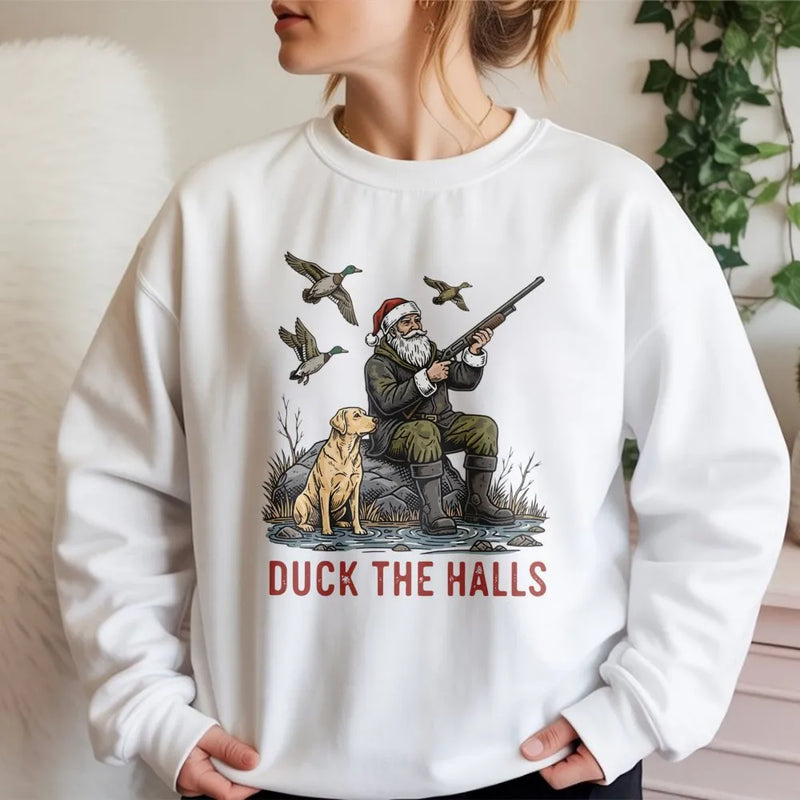 Santa Duck Hunting Sweatshirt, Duck the Halls Christmas Sweatshirt, Humorous Duck Hunter Crewneck, Holiday Hunting Pullover, Hunter Dad Present