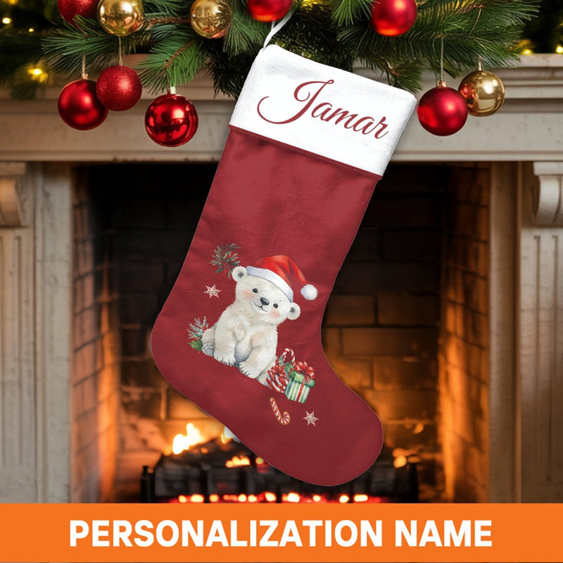 Custom Bear Cub Holiday Stocking, Polar Bear Christmas Stocking, Personalized Xmas Stocking, Adorable Animal Christmas Decor, Kids Holiday Present