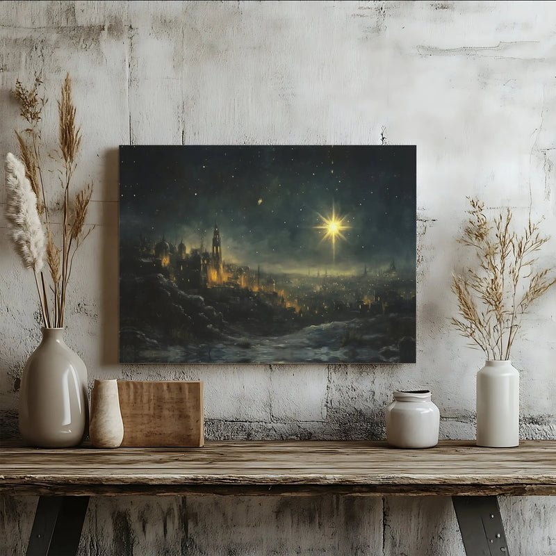 Holy Night Sky Oil Painting Canvas Wall Art, Star of Bethlehem Ancient City Canvas, Christian Nativity Print, Religious Christmas Art