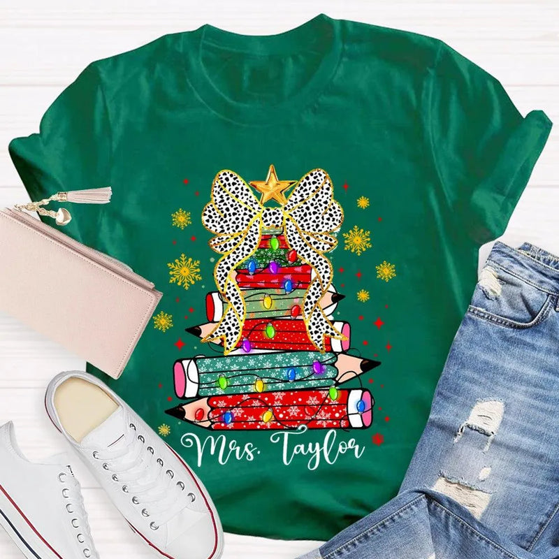 Custom Name Pencil Snowflake Tee, Personalized Teacher Christmas Tree Shirt, Holiday Teacher T-Shirt, Christmas Teacher Present