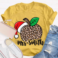 Custom Name Christmas T-Shirt, Personalized Leopard Santa Hat Shirt, Festive Holiday Graphic Tee, Comfy Xmas Present for Her, Adorable Top