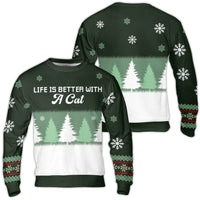 Festive Cat Tree Sweater, Life Is Better with a Cat Ugly Christmas Sweater, Snowflake Cat Holiday Sweatshirt, Cat Lover Xmas Present Pullover
