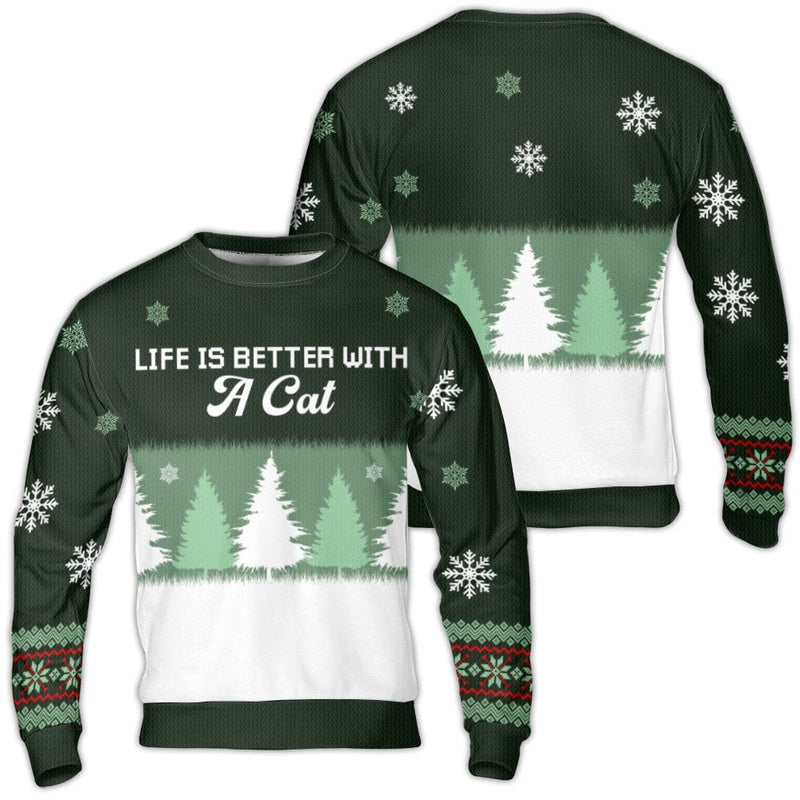 Festive Cat Tree Sweater, Life Is Better with a Cat Ugly Christmas Sweater, Snowflake Cat Holiday Sweatshirt, Cat Lover Xmas Present Pullover