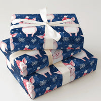 Santa Hat Piggy Holiday Gift Wrap, Adorable Christmas Pig Wrapping Paper, Whimsical Animal Present Wrap, Navy Winter Packaging Paper
