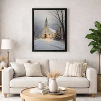 Snowy Christmas Chapel Canvas Print, Winter Church Canvas Wall Art, Glowing Winter Chapel Wall Art, Christmas Church Digital Download