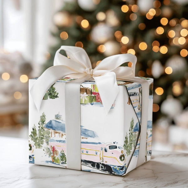 Watercolor Snowy Station Gift Wrap, Christmas Train Wrapping Paper, Vintage Holiday Train Wrapping Paper, Winter Gift Wrap, P
