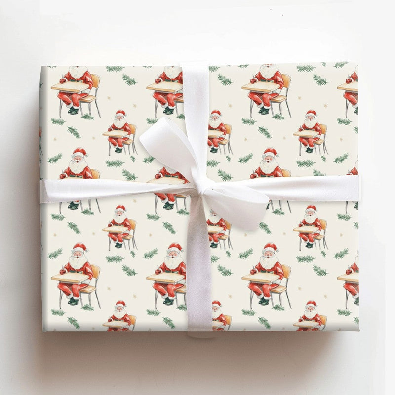 Watercolor Teacher Christmas Gift Wrap, Santa at School Desk Wrapping Paper, Pine Needle Santa Gift Wrapping Paper, Teacher Holiday Wrap
