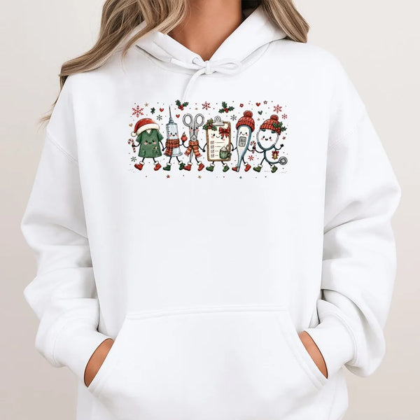 Humorous Nurse Christmas Hooded Sweatshirt, Medical Christmas Squad Hoodie, Adorable Holiday Doodle Hoodie, Healthcare Worker