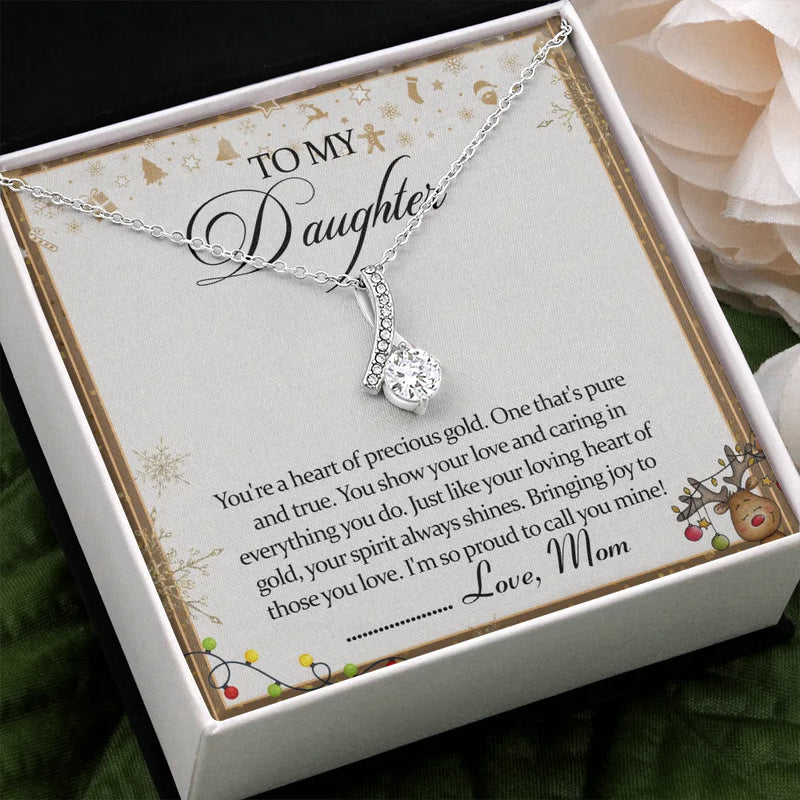 14k White Gold Over Stainless Steel CZ Ribbon Design Pendant, To My Daughter Ribbon Necklace, Christmas Birthday Jewelry Present from Mom