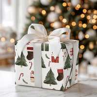 Stocking Candy Cane Gift Wrap, Watercolor Christmas Tree Wrapping Paper, Traditional Holiday Wrapping Paper, Festive Gift Wrap Paper Roll