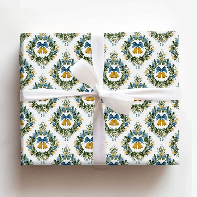 Floral Wreath Damask Gift Wrap, Golden Bells Christmas Wrapping Paper, Elegant Holiday Wrapping Paper, Traditional Seasonal Present Wrap