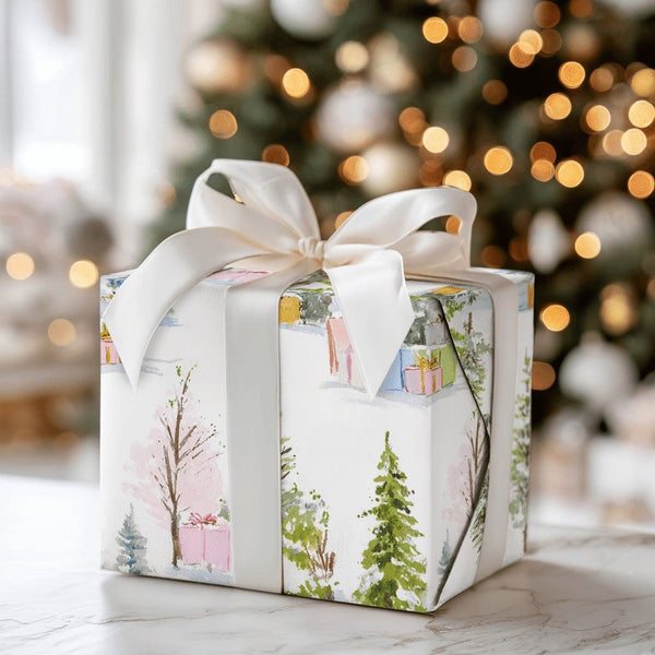 Pastel Tree Christmas Wrapping Paper, Watercolor Forest Wrapping Paper, Snowy Pine Holiday Wrapping Paper Roll, Elegant Xmas 
