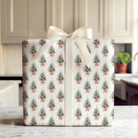 Candle and Red Bow Gift Wrap, Watercolor Christmas Tree Wrapping Paper, Vintage Evergreen Wrapping Paper, Holiday Season Present Paper Roll
