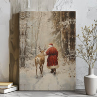 Snowy Forest Reindeer Canvas Print, Vintage Santa Claus Canvas Wall Art, Christmas Holiday Wall Decor, Vintage Santa Canvas Art, Xmas Present