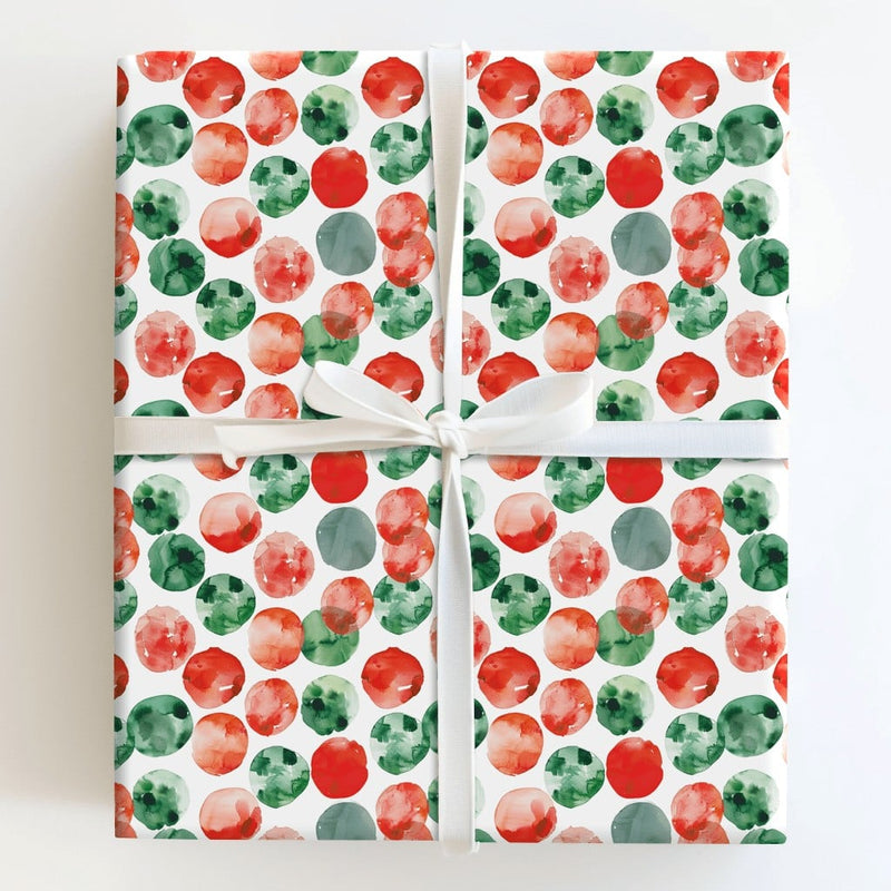 Red and Green Dot Gift Wrap, Watercolor Polka Dot Wrapping Paper, Holiday Dot Wrapping Paper, Festive Christmas Gift Wrap Roll