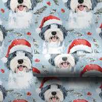 Dog in Santa Hat Gift Wrap, Old English Sheepdog Christmas Wrapping Paper, Holiday Dog Wrapping Paper, Festive Present Wrap