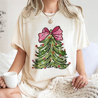 Adorable Holiday Tree T-Shirt, Pink Bow Christmas Tree T-Shirt, Festive Pink Bow Christmas Shirt, Retro Xmas Graphic Tee, Seasonal Holiday Present