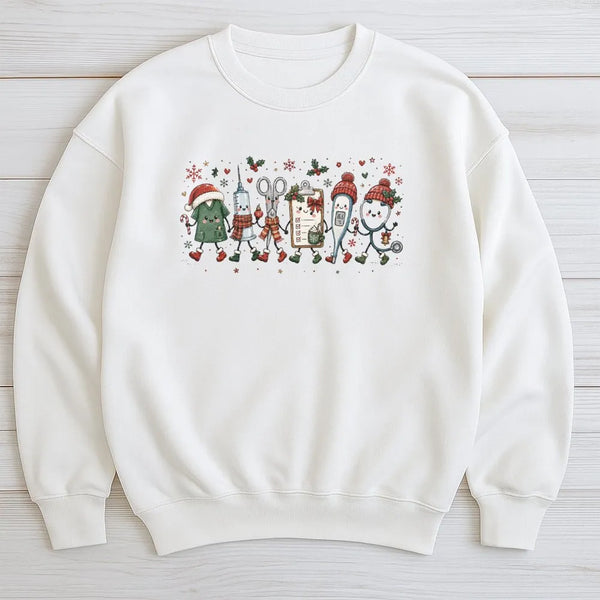 Adorable Medical Character Crewneck, Nurse Christmas Sweatshirt, Syringe Scissors Pill Bottle Pullover, Holiday Nurse Sweater