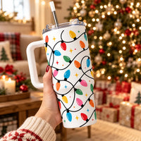 Retro Vintage Bulb 40oz Travel Tumbler, Christmas String Lights Tumbler, Colorful Holiday Insulated Tumbler, Xmas Present for Her