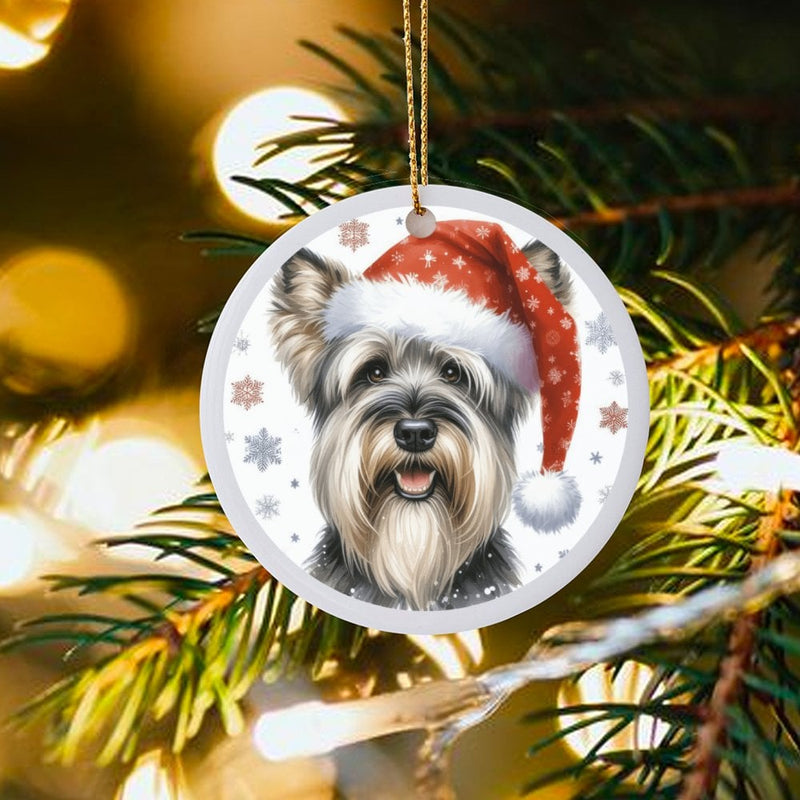 Santa Hat Dog Ornament, Schnauzer Christmas Ornament, Winter Snowflake Pet Ornament, Ceramic Dog Keepsake, Festive Holiday Lover Present