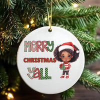 Adorable Black Girl Holiday Tree Ornament, Merry Christmas Y'all Ceramic Ornament, African American Christmas Keepsake Ornament, Winter Present