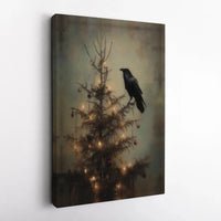 Dark Academia Crow Holiday Tree Print, Gothic Raven Christmas Canvas Wall Art, Moody Winter Canvas Decor, Spooky Xmas Home Present