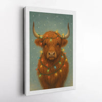 Festive Farmhouse Holiday Canvas Print, Highland Cow Christmas Canvas Wall Art, Comfy Rustic Winter Canvas Art, Seasonal Home Decor Present