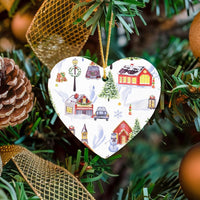 Snowy Winter Town Ceramic Ornament, Watercolor Christmas Village Heart Ornament, Holiday Landscape Tree Ornament, Christmas Keepsake
