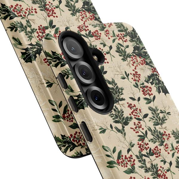 Vintage Botanical Berries Phone Cover, Christmas Holly Samsung Phone Case, Dual-Layer Tough Phone Case, Festive Winter Holida