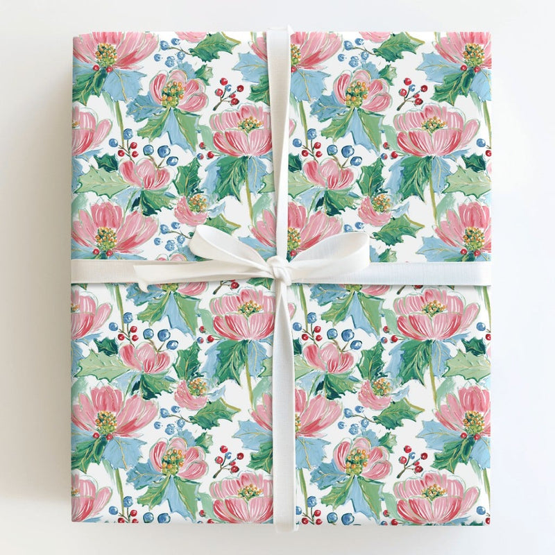 Watercolor Floral Gift Wrap, Pink Christmas Rose Wrapping Paper, Holly Berry Christmas Wrapping Paper, Elegant Winter Holiday Wrapping Paper
